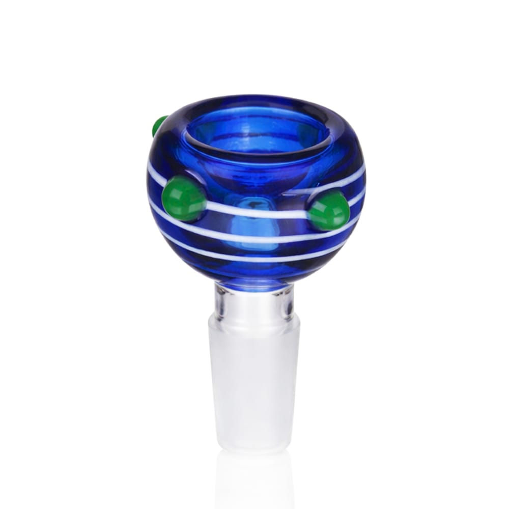 Back view of BW Stripes Push Glass Cone Piece 14mm Male Bowl in Blue on white background, clean studio product shot