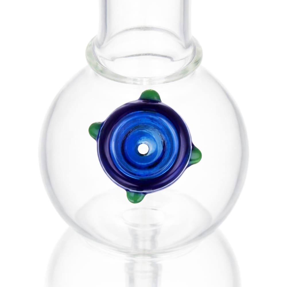 Top view of BW Stripes Push Glass Cone Piece 14mm Male Bowl in Blue on white background, highlighting bowl opening detail