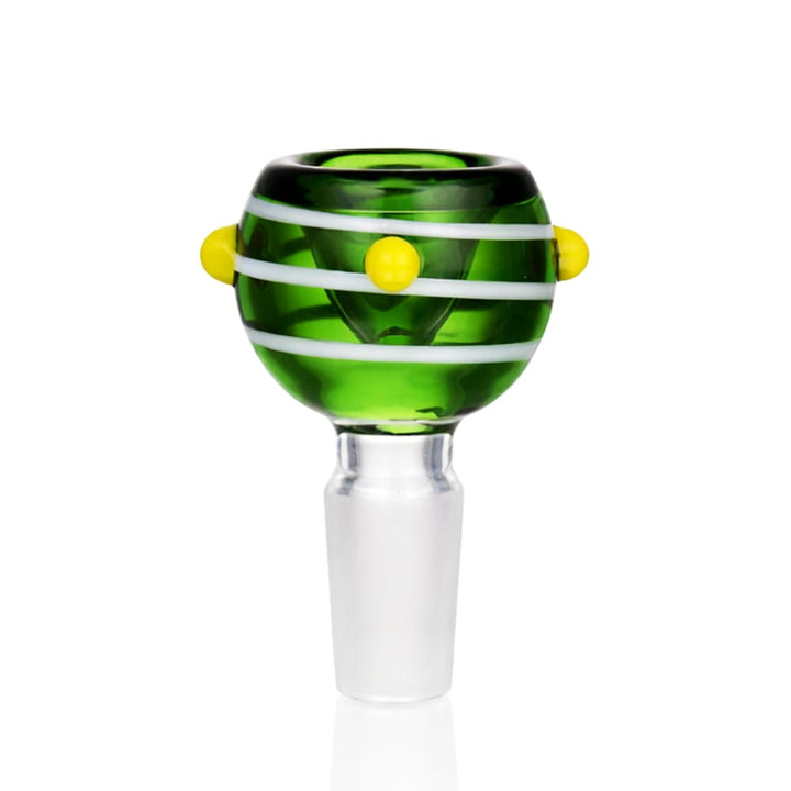 Front view of BW Stripes Push Glass Cone Piece 14mm Male Bowl in Green on white background, smooth durable striped glass design