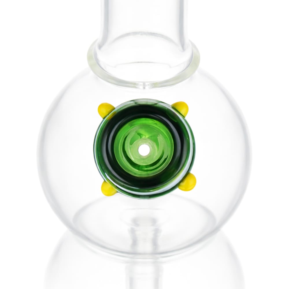 Top view of BW Stripes Push Glass Cone Piece 14mm Male Bowl in Green on white background, highlighting bowl opening detail