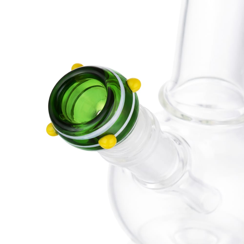 Angled view of BW Stripes Push Glass Cone Piece 14mm Male Bowl in Green on white background, displaying vibrant green striped finish
