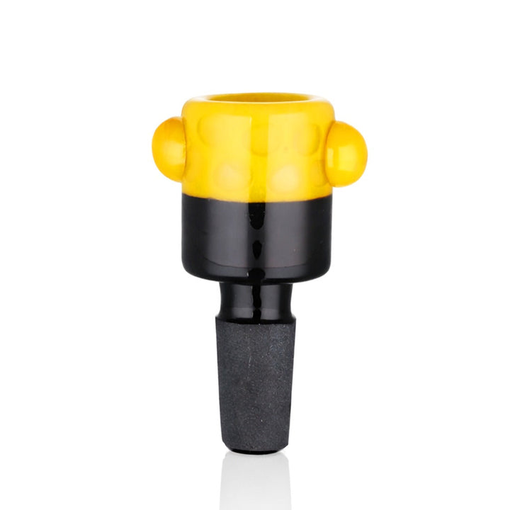 Front view of BW Sun Burst Glass Cone Piece 14mm Male Bowl in Yellow and Black on white background, smooth glass design