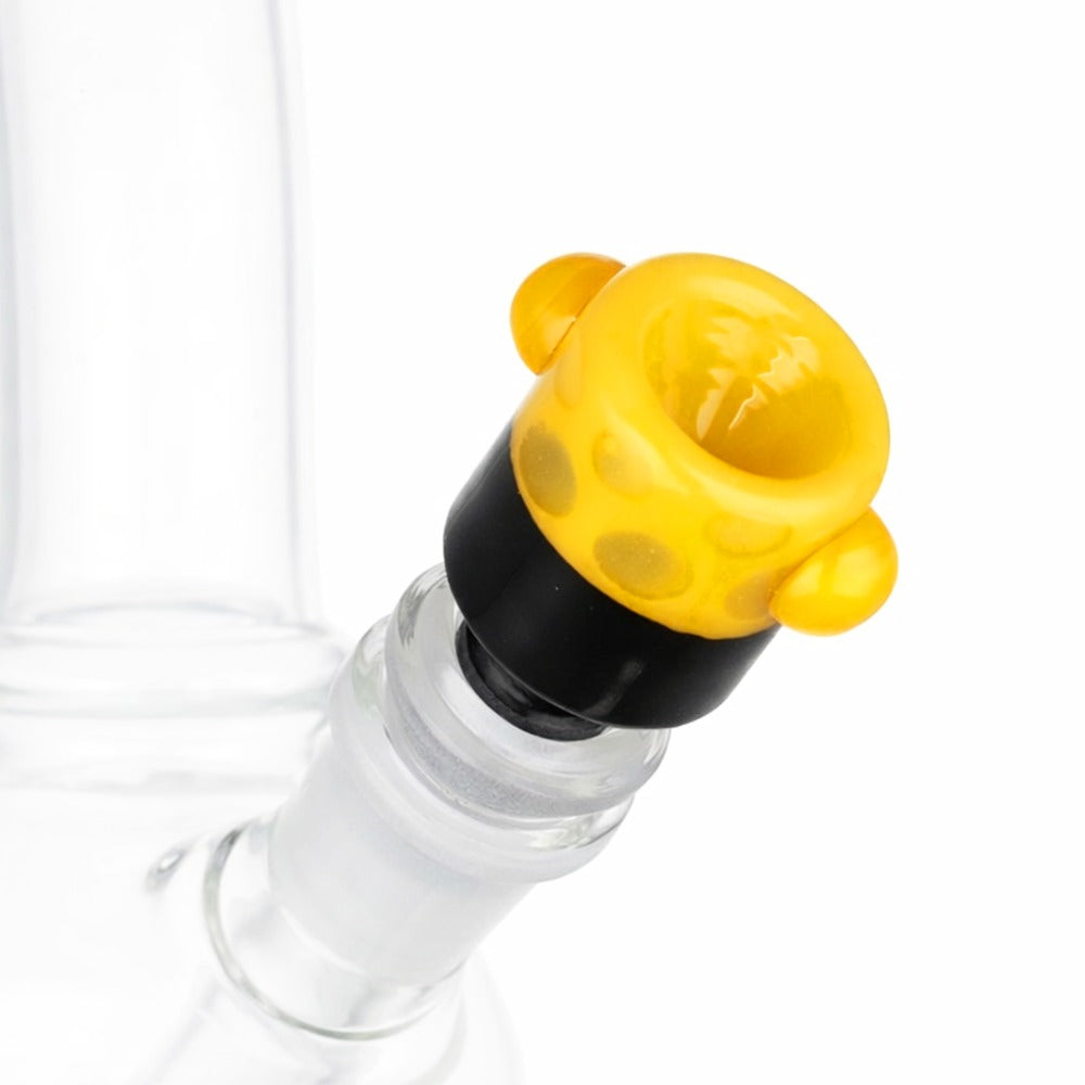 Angled view of Yellow and Black 14mm Male Glass Bowl, BW Sun Burst Cone Piece, displayed on clean white background for clarity
