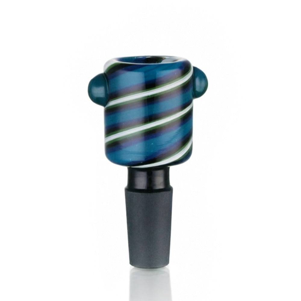 Front view of BW Swirl Glass Cone Piece 14mm Male Bowl in Blue on white background, smooth durable glass design with swirl detailing