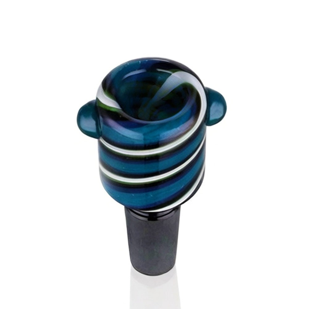 Back Top view of BW Swirl Glass Cone Piece 14mm Male Bowl in Blue on white background, clean studio product shot