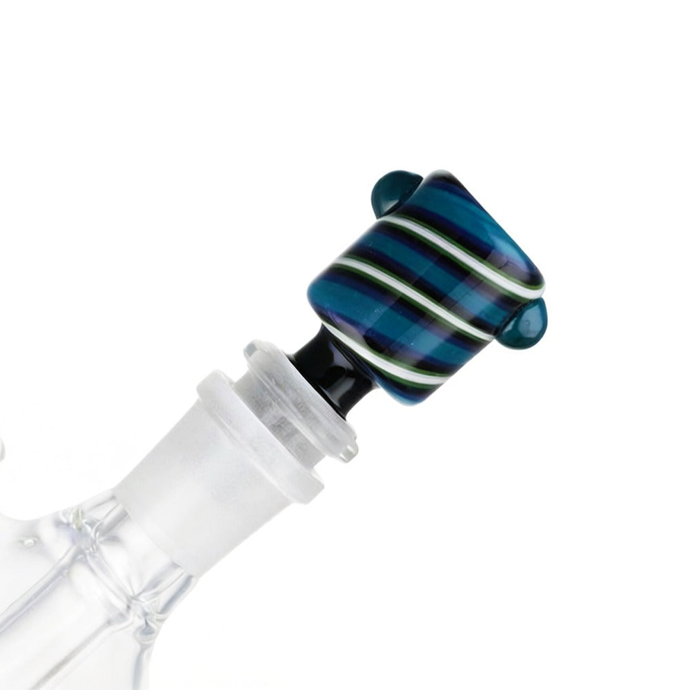 Side view of BW Swirl Glass Cone Piece 14mm Male Bowl in Blue on white background, showcasing elegant swirl-shaped glass form
