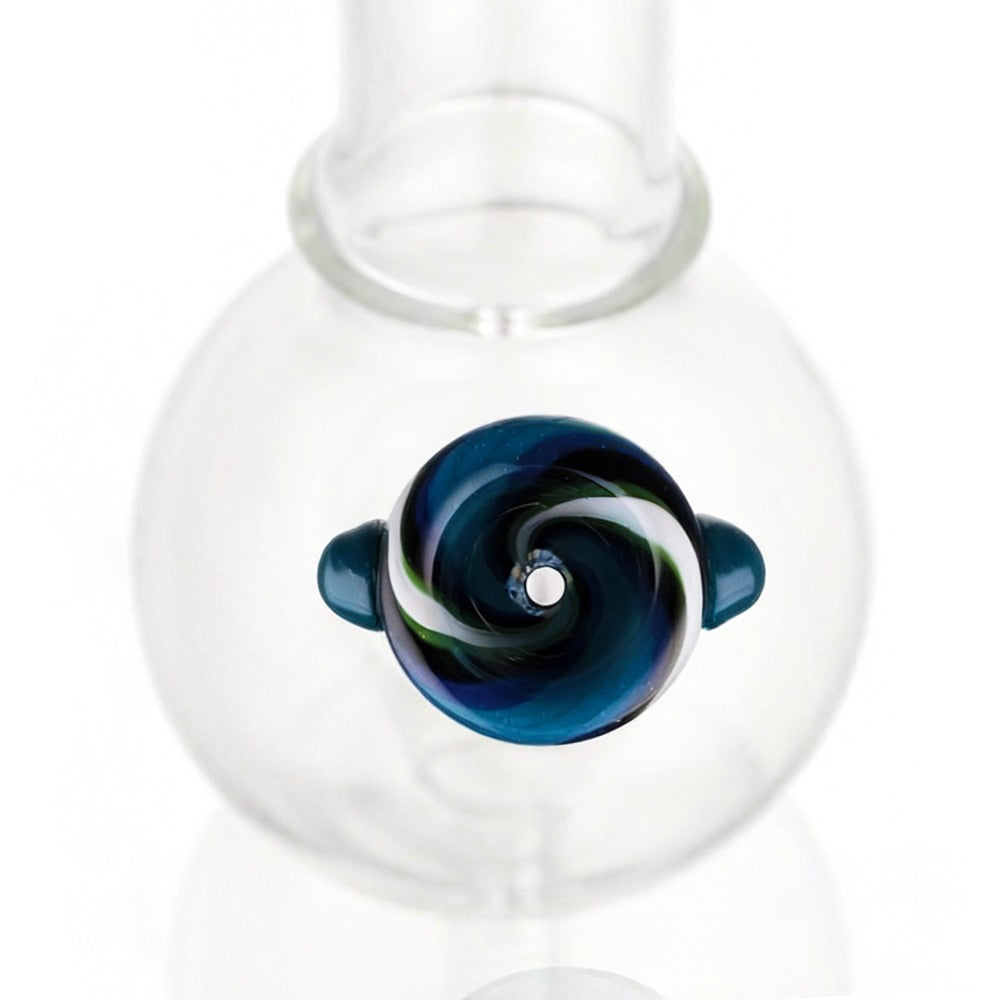 Top view of BW Swirl Glass Cone Piece 14mm Male Bowl in Blue on white background, highlighting bowl opening detail