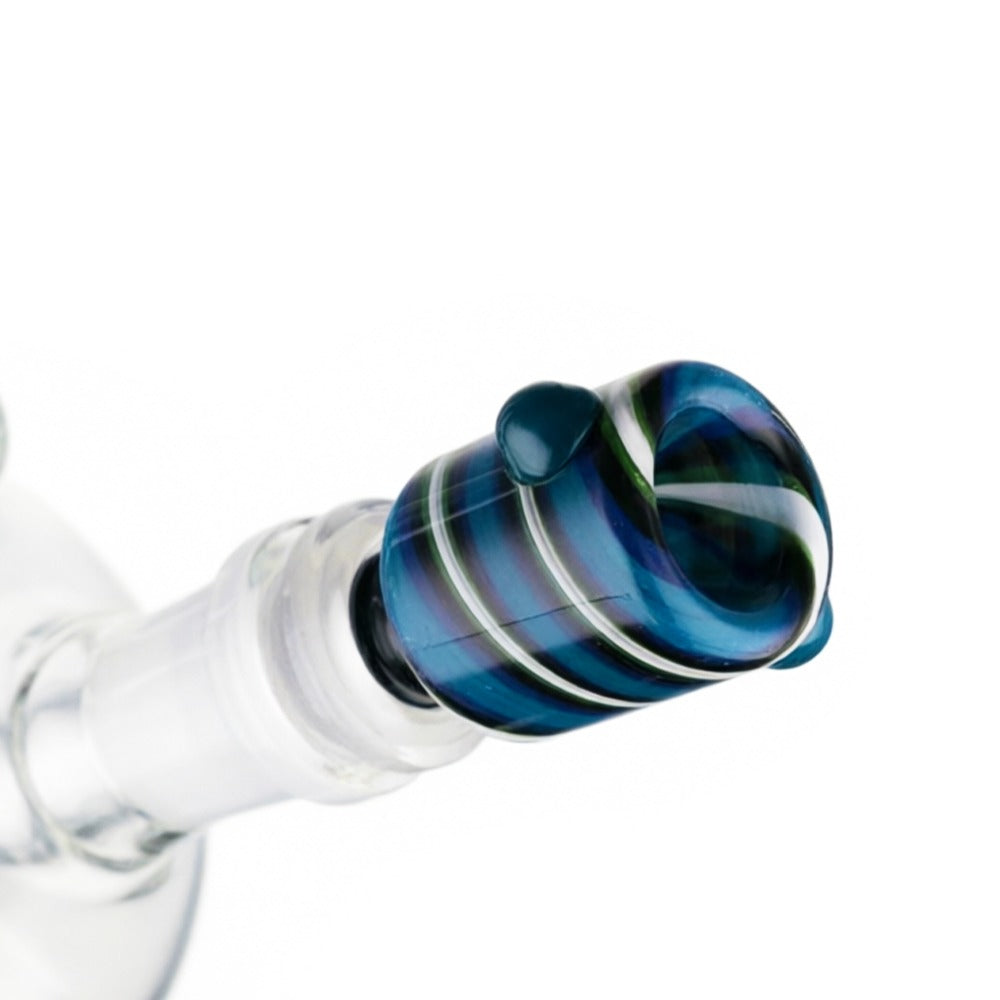 Angled view of BW Swirl Glass Cone Piece 14mm Male Bowl in Blue on white background, displaying vibrant blue glass finish