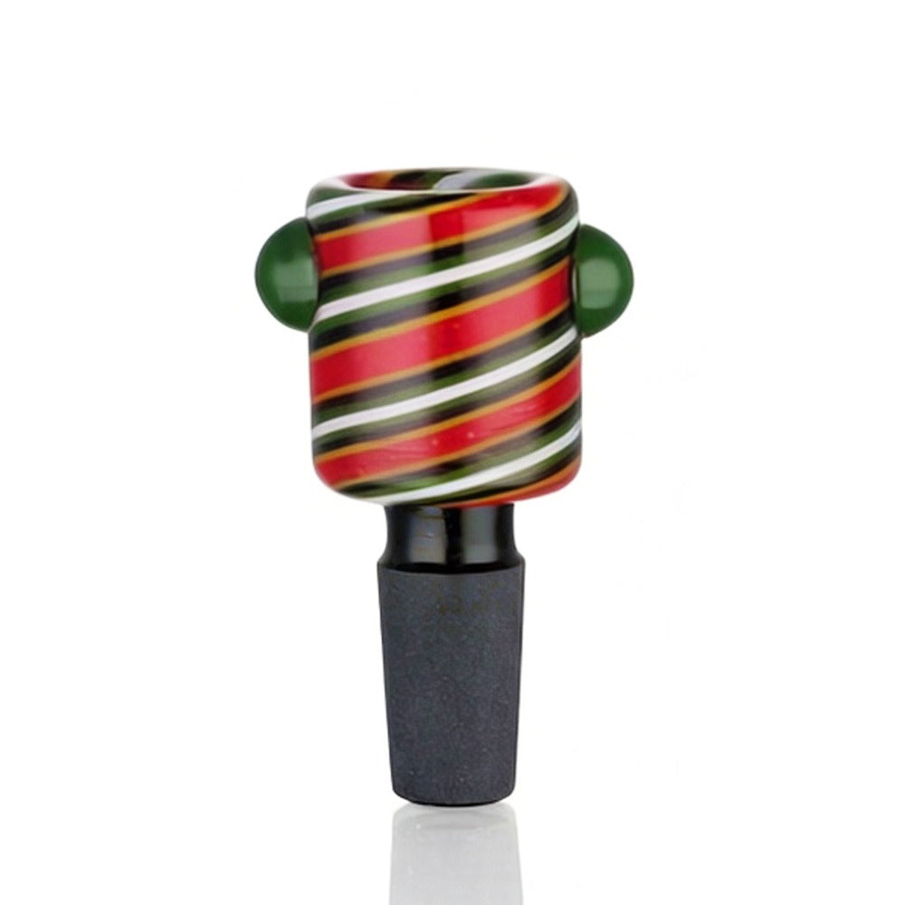 Front view of BW Swirl Glass Cone Piece 14mm Male Bowl in Red on white background, smooth durable glass design with swirl detailing