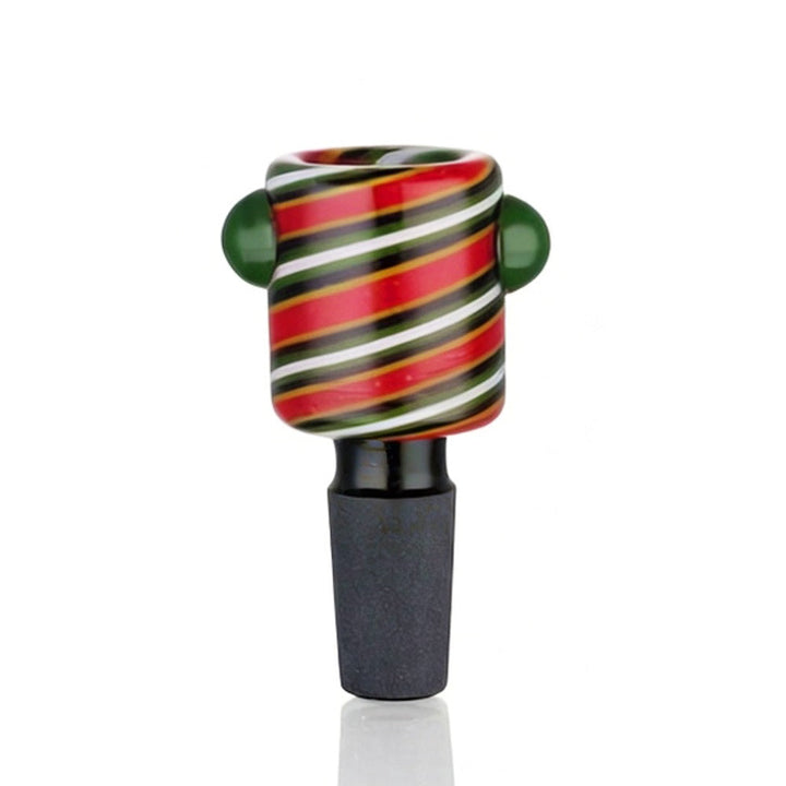 Front view of BW Swirl Glass Cone Piece 14mm Male Bowl in Red on white background, smooth durable glass design with swirl detailing