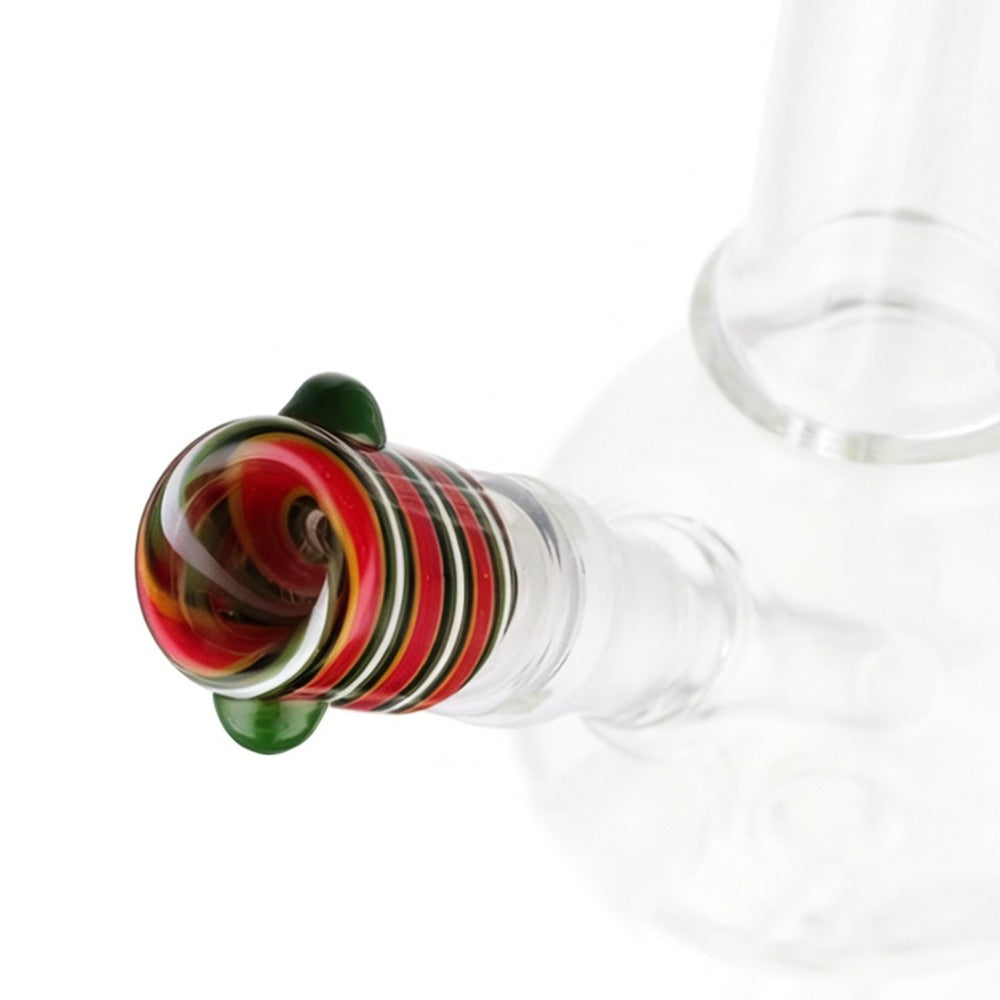 Angled view of BW Swirl Glass Cone Piece 14mm Male Bowl in Red on white background, displaying vibrant red glass finish
