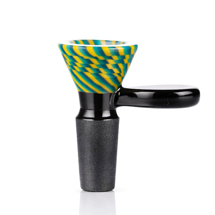 Front view of BW TV Static Glass Cone Piece 14mm Male Bowl in Green and Black on white background, smooth durable static-inspired glass design