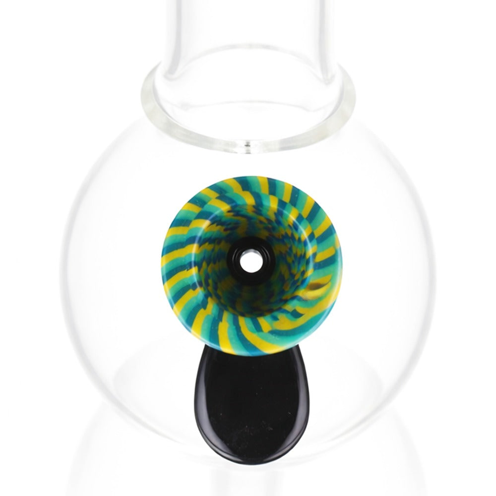 Top view of BW TV Static Glass Cone Piece 14mm Male Bowl in Green and Black on white background, highlighting bowl opening detail