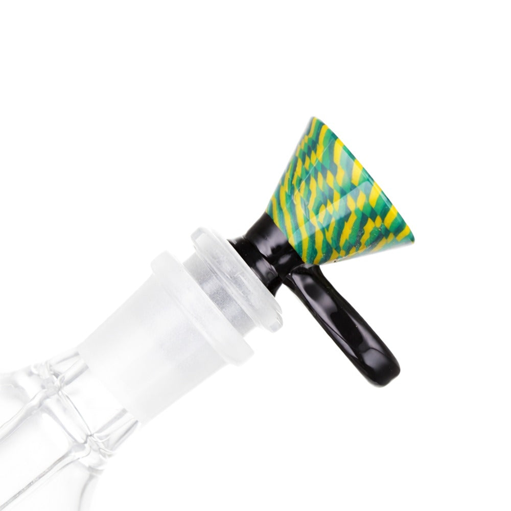 Angled view of BW TV Static Glass Cone Piece 14mm Male Bowl in Green and Black on white background, displaying vibrant dual-color glass finish