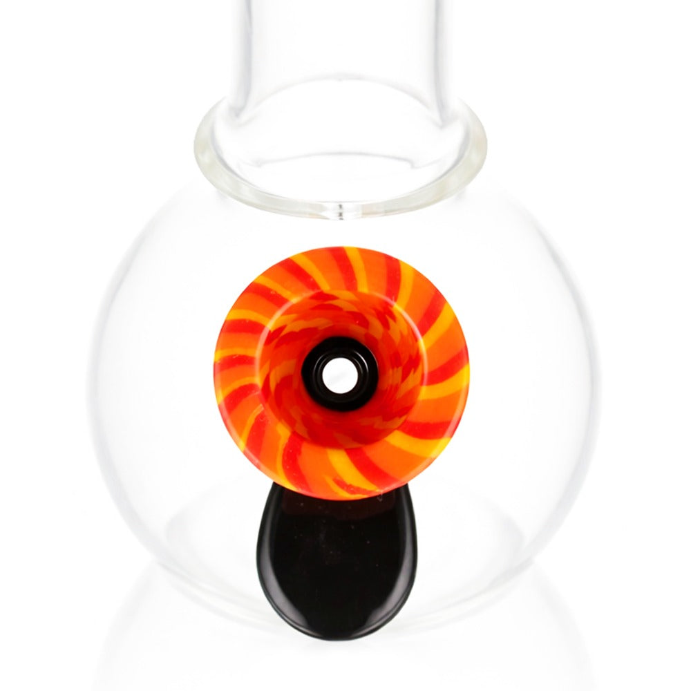 Top view of BW TV Static Glass Cone Piece 14mm Male Bowl in Orange and Black on white background, showcasing bold static pattern glass shape