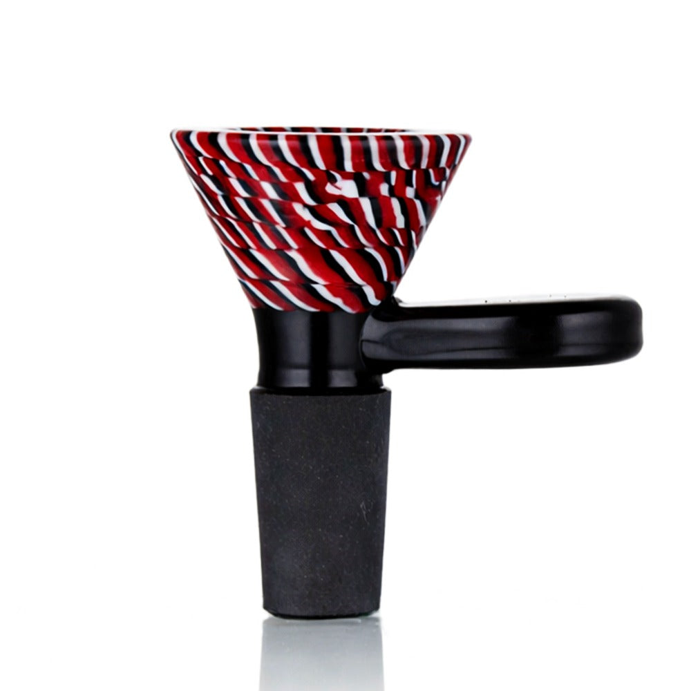 Front view of BW TV Static Glass Cone Piece 14mm Male Bowl in Red and Black on white background, smooth durable static-inspired glass design