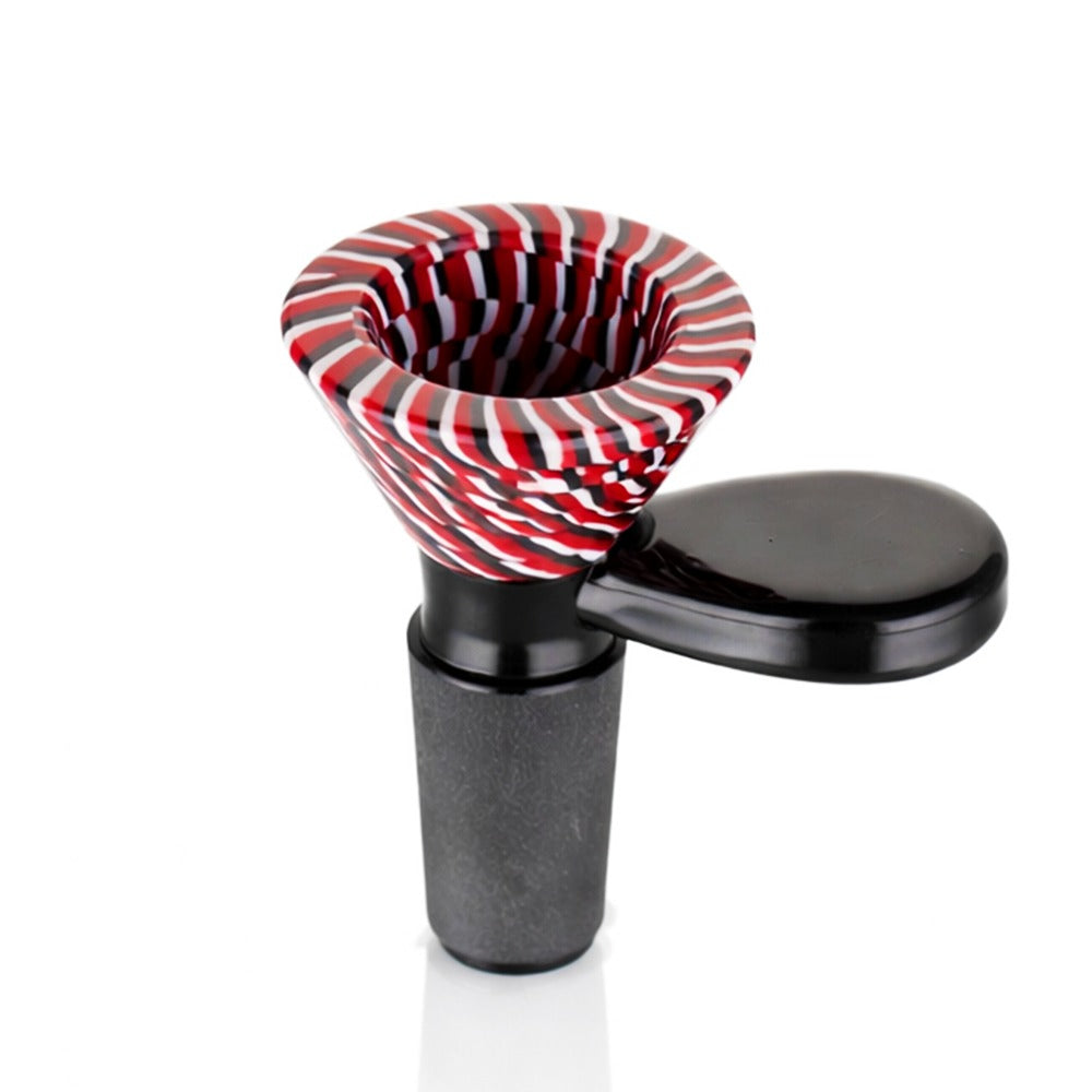 Back view of BW TV Static Glass Cone Piece 14mm Male Bowl in Red and Black on white background, clean studio product shot