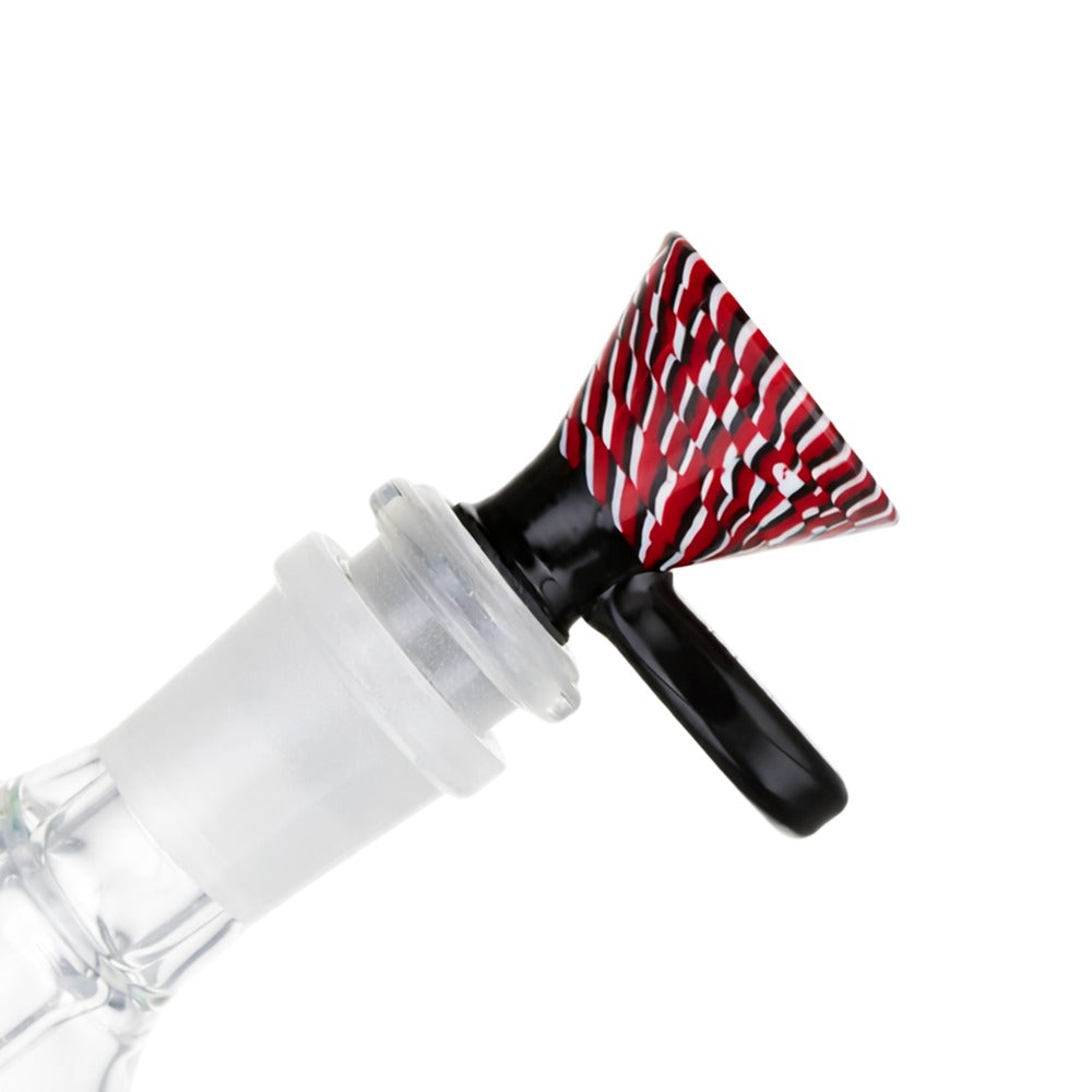 Side view of BW TV Static Glass Cone Piece 14mm Male Bowl in Red and Black on white background, showcasing bold static pattern glass shape