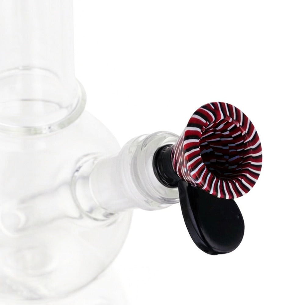 Top view of BW TV Static Glass Cone Piece 14mm Male Bowl in Red and Black on white background, highlighting bowl opening detail