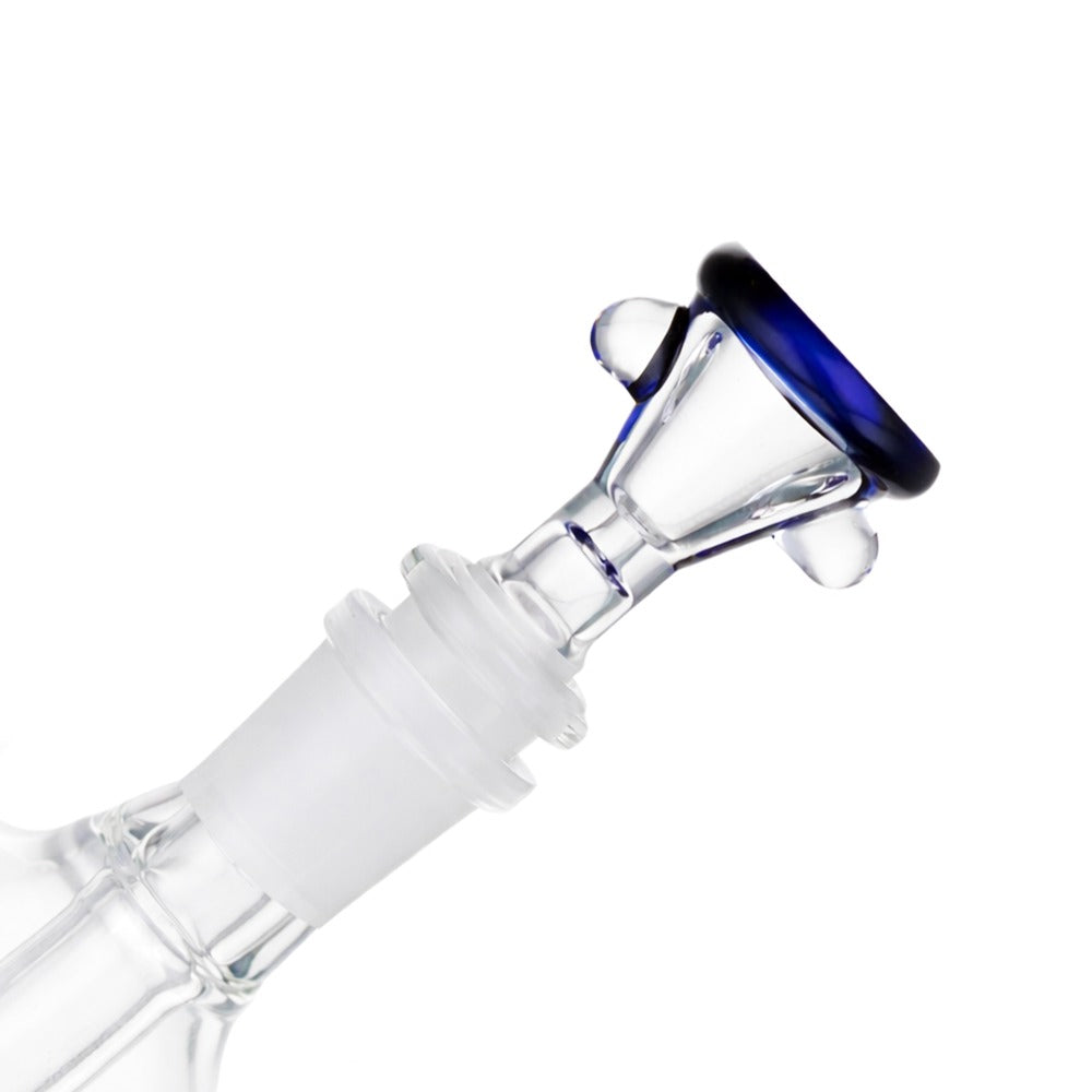 Side view of BW The Apex Glass Cone Piece 14mm Male Bowl in Purple on white background, showcasing sharp apex-style glass form