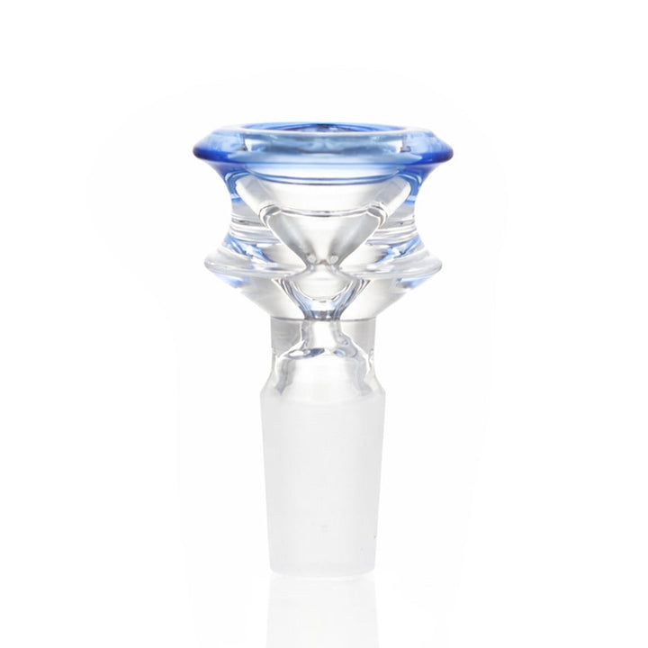 Front view of BW The Aurora Glass Cone Piece 14mm Male Bowl in Blue on white background, smooth durable glass design with aurora-inspired glow effect
