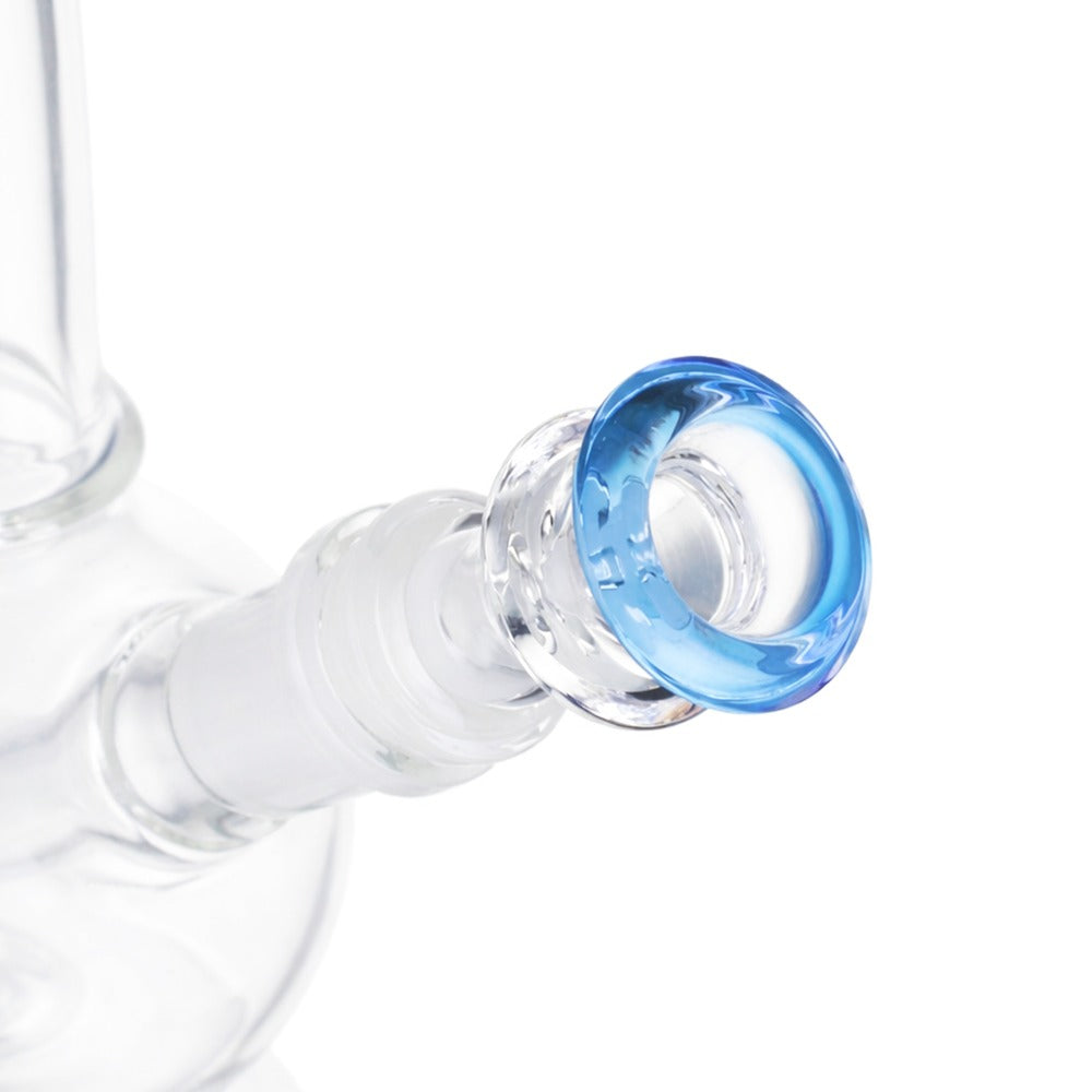 Side view of BW The Aurora Glass Cone Piece 14mm Male Bowl in Blue on white background, showcasing flowing aurora-style glass form