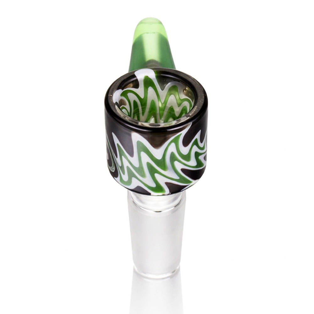 Front view of BW The Beak Glass Cone Piece 14mm Male Bowl in Green and Black on white background, smooth durable glass design with beak-inspired shape