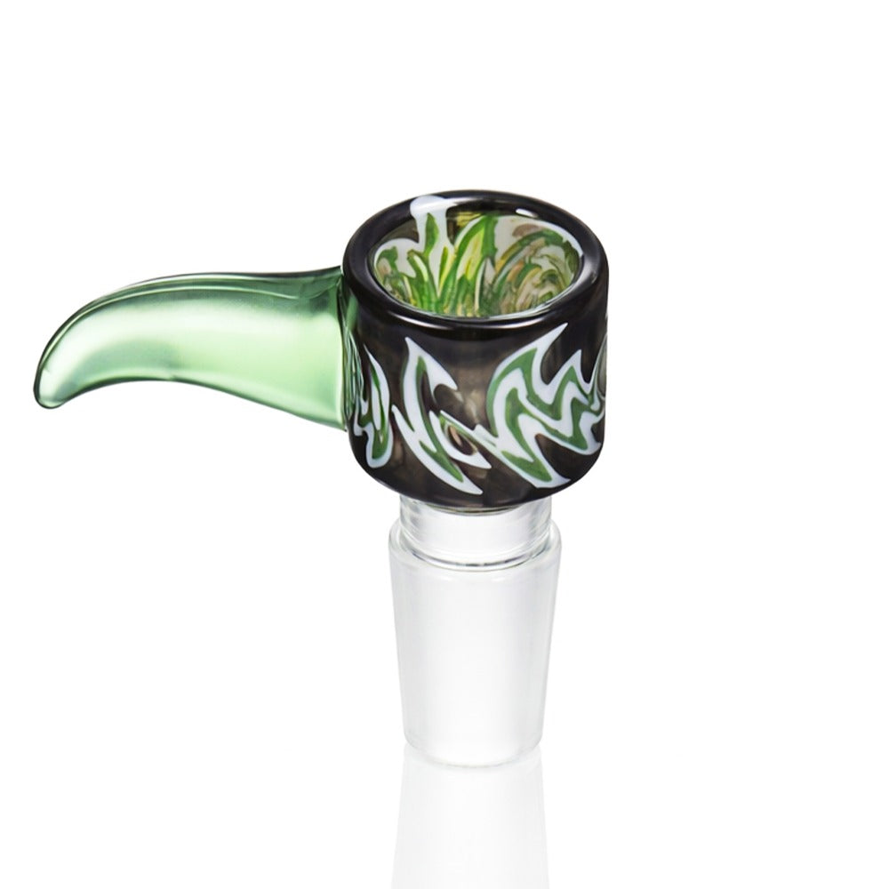 Side view of BW The Beak Glass Cone Piece 14mm Male Bowl in Green and Black on white background, showcasing sharp beak-style glass form
