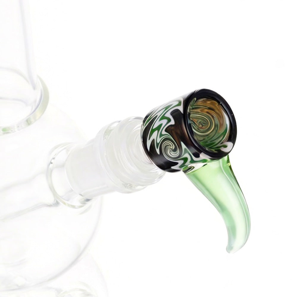 Angled view of BW The Beak Glass Cone Piece 14mm Male Bowl in Green and Black on white background, displaying vibrant dual-color glass finish