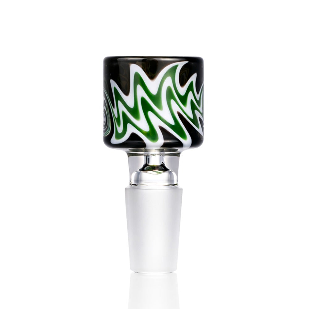 Back view of BW The Beak Glass Cone Piece 14mm Male Bowl in Green and Black on white background, clean studio product shot