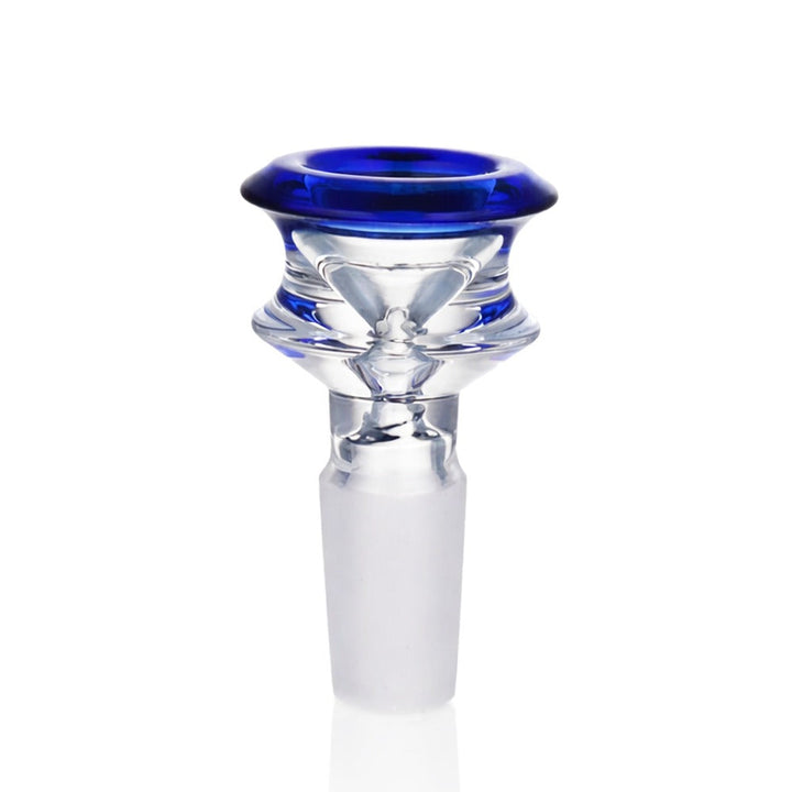 Front view of BW The Crown Glass Cone Piece 14mm Male Bowl in Blue on white background, smooth durable glass design