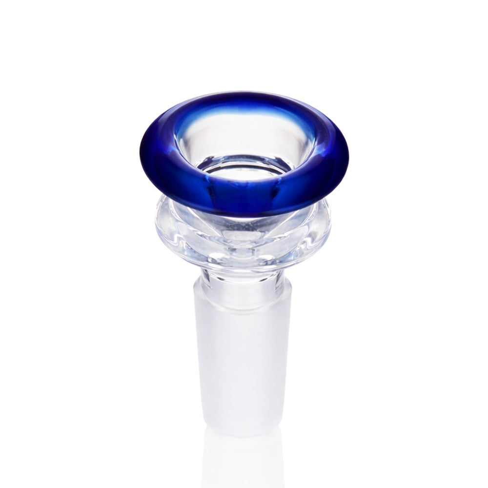Side Top view of BW The Crown Glass Cone Piece 14mm Male Bowl in Blue on white background, showcasing crown-inspired glass shape