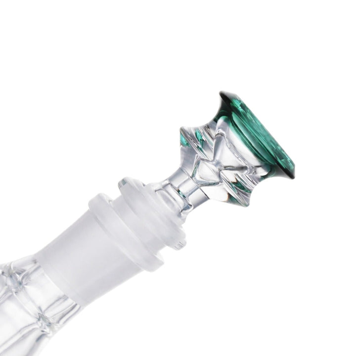 Side view of BW The Crown Glass Cone Piece 14mm Male Bowl in Teal on white background, showcasing elegant crown-style glass form