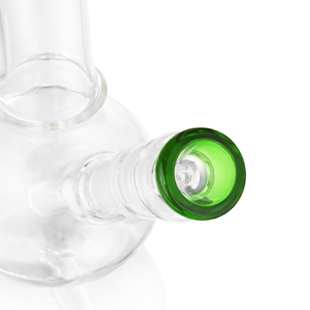 Angled view of BW The Crux Glass Cone Piece 14mm Male Bowl in Green on white background, displaying premium geometric glass craftsmanship
