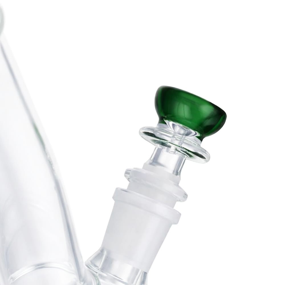 Side view of BW The Crux Glass Cone Piece 14mm Male Bowl in Green on white background, showcasing bold crux-style glass shape
