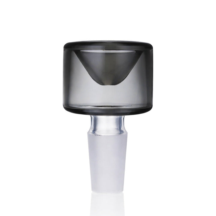Front view of BW The Cube Glass Cone Piece 14mm Male Bowl in Grey on white background, smooth durable geometric glass design