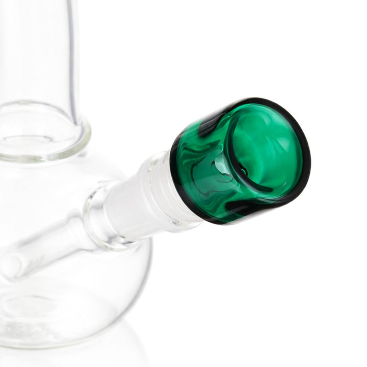 Angled view of BW The Cube Glass Cone Piece 14mm Male Bowl in Teal on white background, displaying premium geometric glass craftsmanship