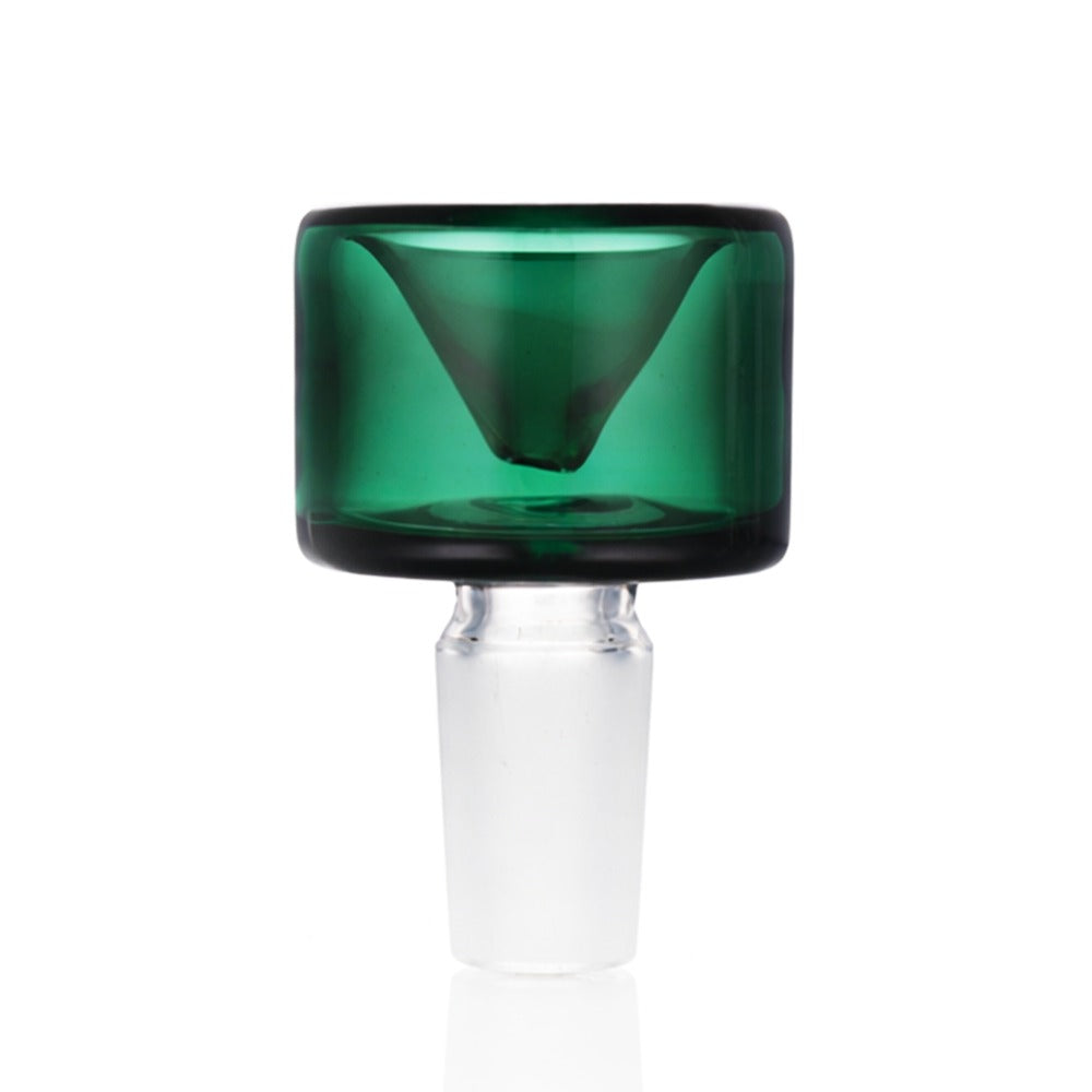 Front view of BW The Cube Glass Cone Piece 14mm Male Bowl in Teal on white background, smooth durable geometric glass design