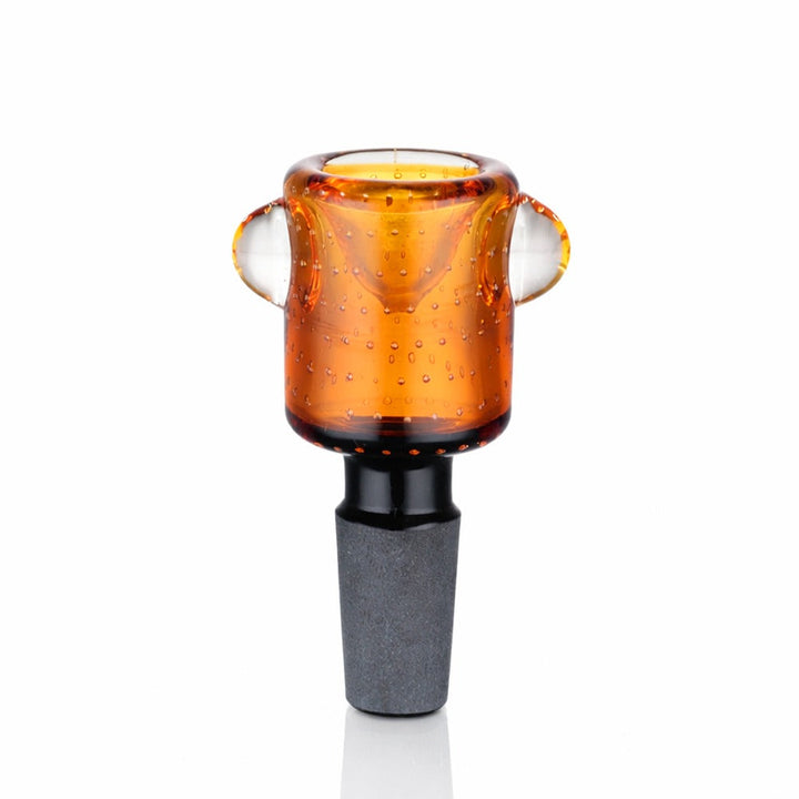 Front view of BW The Drift Glass Cone Piece 14mm Male Bowl in Amber and Black on white background, smooth durable dual-color glass design