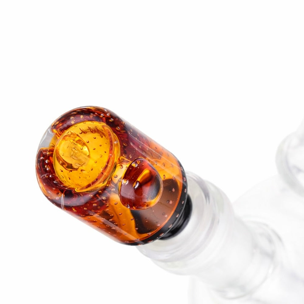 Side view of BW The Drift Glass Cone Piece 14mm Male Bowl in Amber and Black on white background, showcasing sleek drift-inspired glass shape