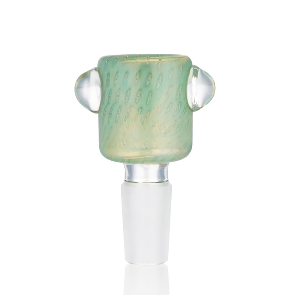 Front view of BW The Drift Glass Cone Piece 14mm Male Bowl in Green on white background, smooth durable glass design