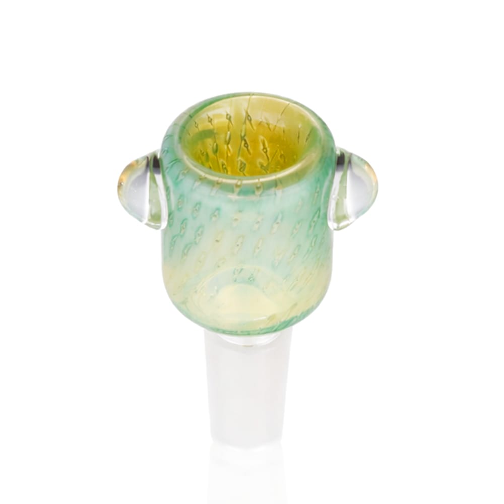 Top view of BW The Drift Glass Cone Piece 14mm Male Bowl in Green on white background, highlighting bowl opening and detail