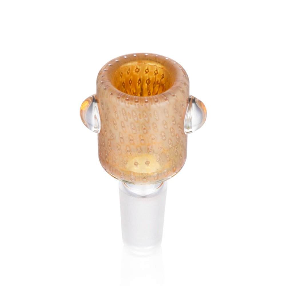 Front view of BW The Drift Glass Cone Piece 14mm Male Bowl in Yellow on white background, smooth durable glass design