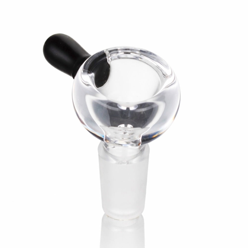 Angled view of BW The Flow Glass Cone Piece 14mm Male Bowl on white background, displaying premium glass craftsmanship and fluid design