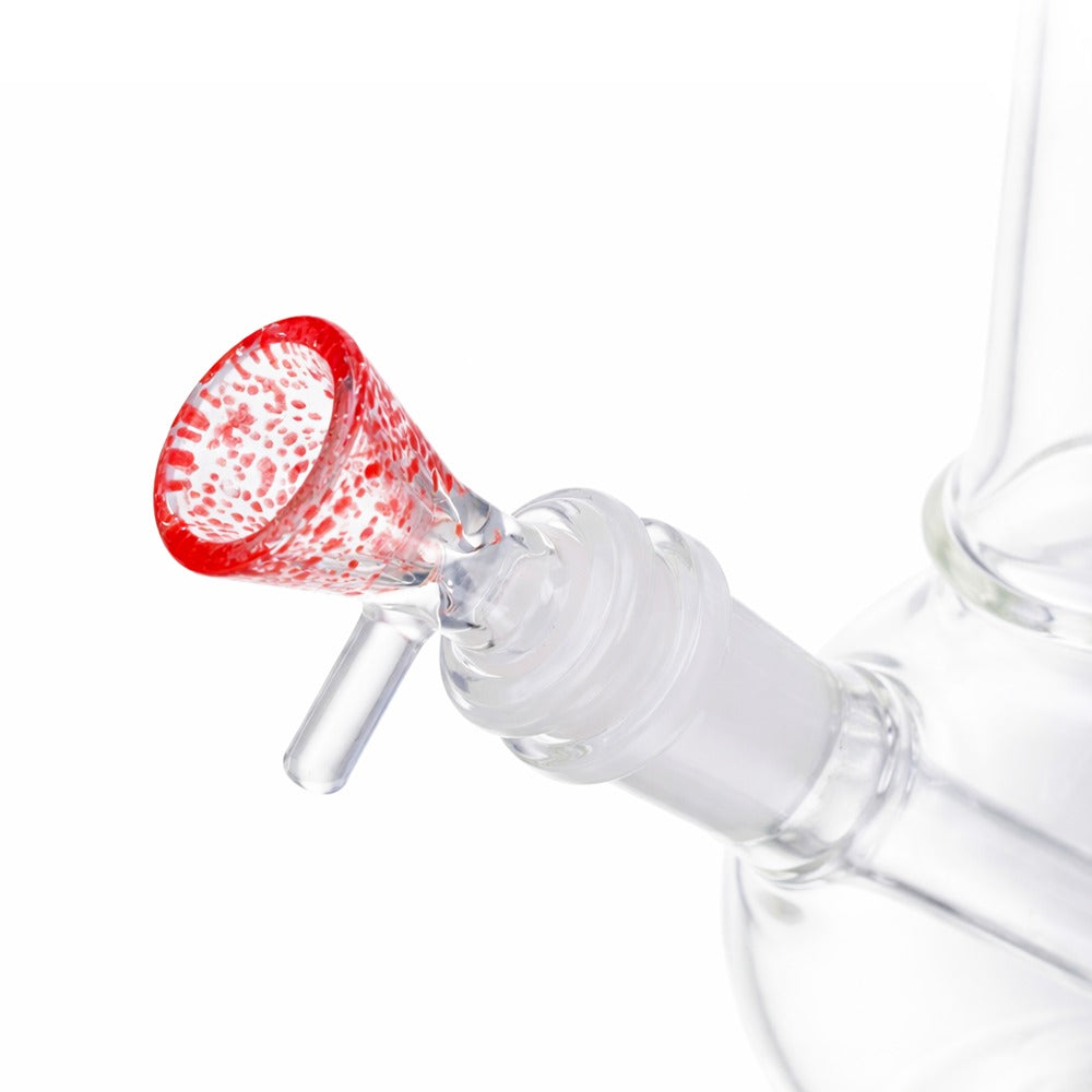 Side view of BW The Halo Glass Cone Piece 14mm Male Bowl in Red on white background, showcasing circular halo-style glass form