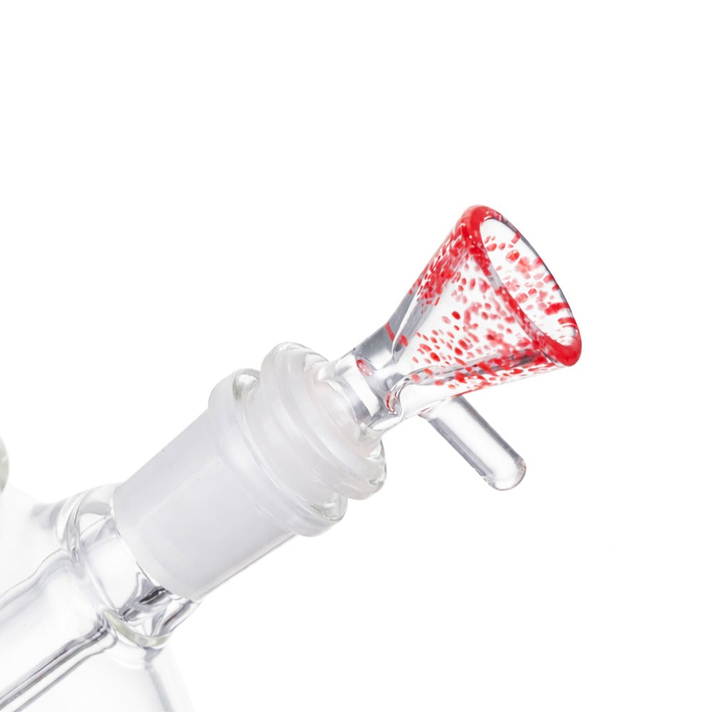 Angled view of BW The Halo Glass Cone Piece 14mm Male Bowl in Red on white background, displaying vibrant red glass finish