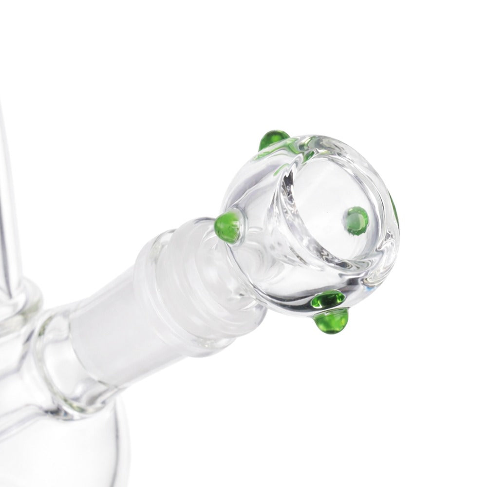 Angled view of BW The Orbit Glass Cone Piece 14mm Male Bowl in Green on white background, displaying vibrant green glass finish