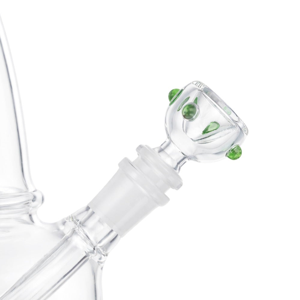 Side view of BW The Orbit Glass Cone Piece 14mm Male Bowl in Green on white background, showcasing rounded orbit-inspired glass form