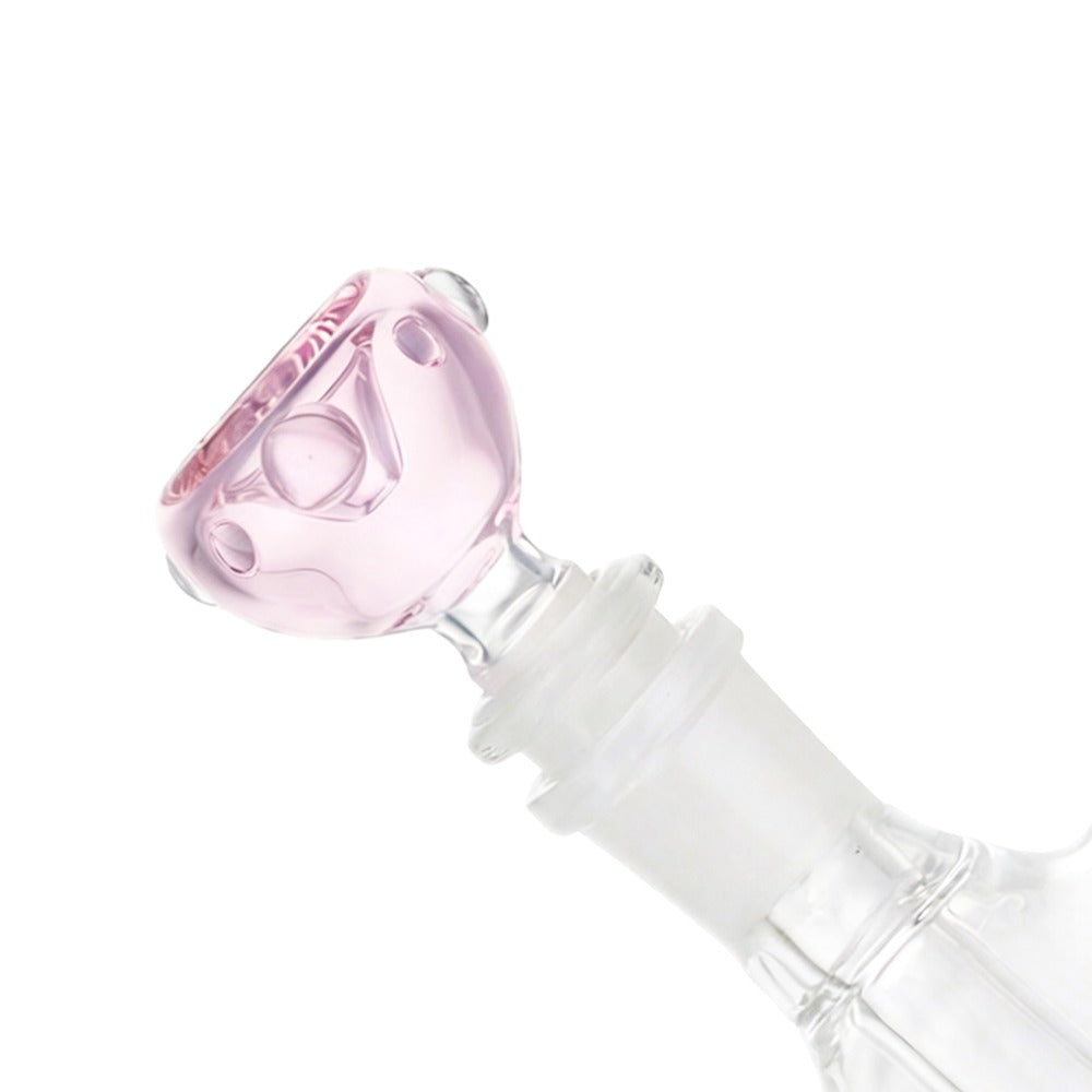 Side view of BW The Petal Glass Cone Piece 14mm Male Bowl in Pink on white background, showcasing elegant floral glass form