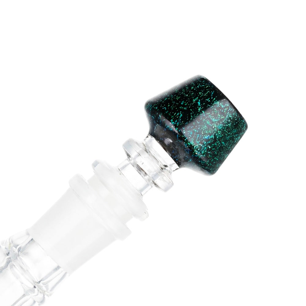 Side view of BW The Twist Glass Cone Piece 14mm Male Bowl in Dichro Speckle on white background, showcasing spiral glass pattern